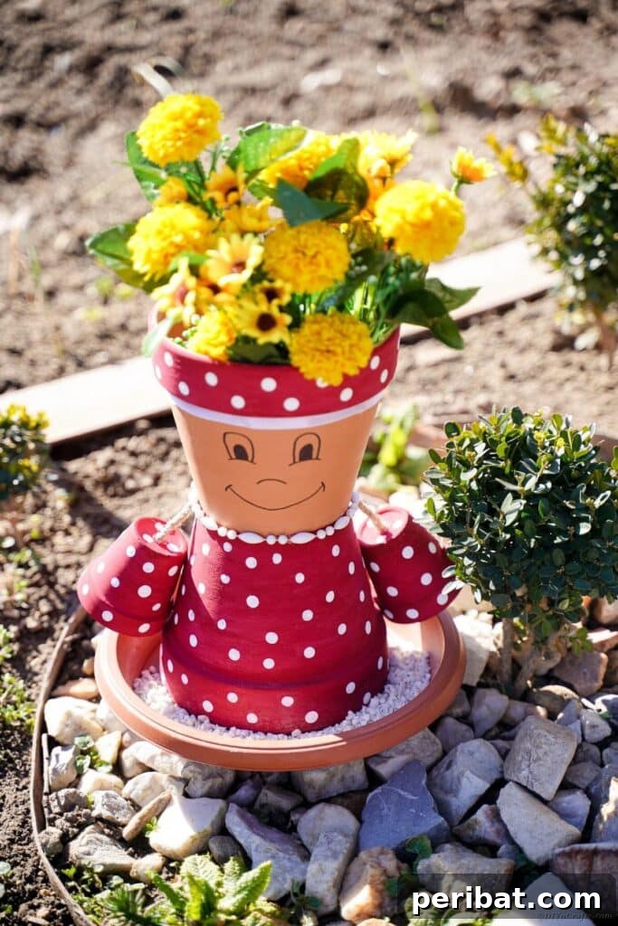 Whimsical flower pot girl adding charm to a lush garden setting