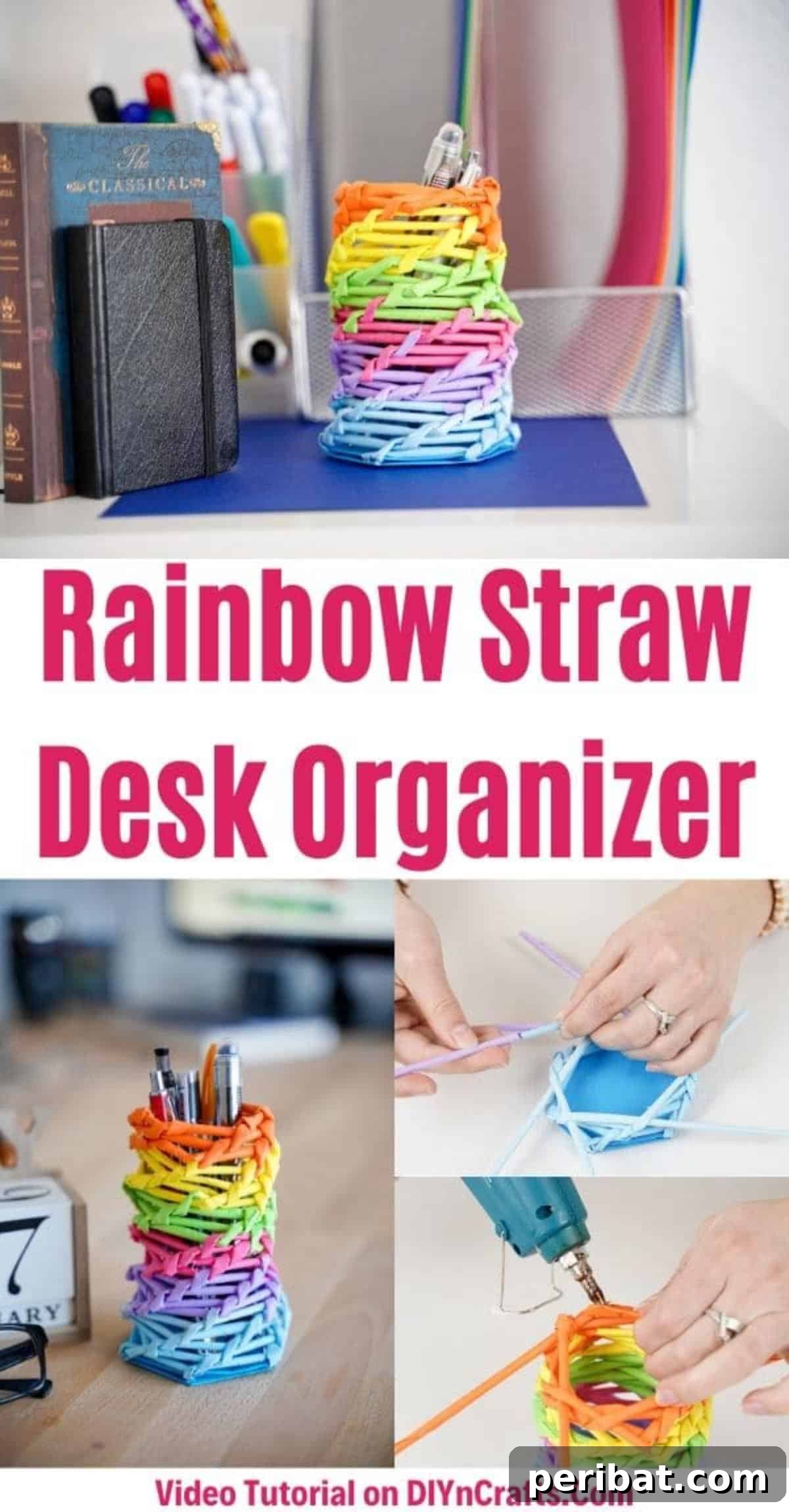 Vibrant DIY Paper Straw Desk Caddy 2 Vibrant Rainbow Desk Organizer Crafted from Paper Straws