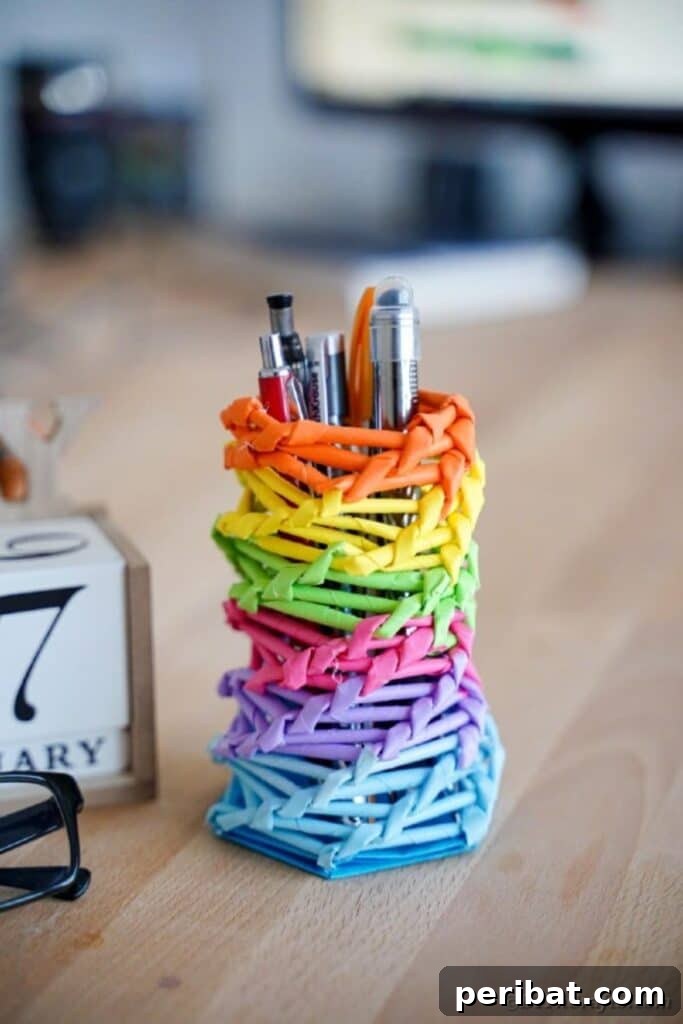 Vibrant DIY Paper Straw Desk Caddy 41 Detailed shot of rainbow pencil holder on desk