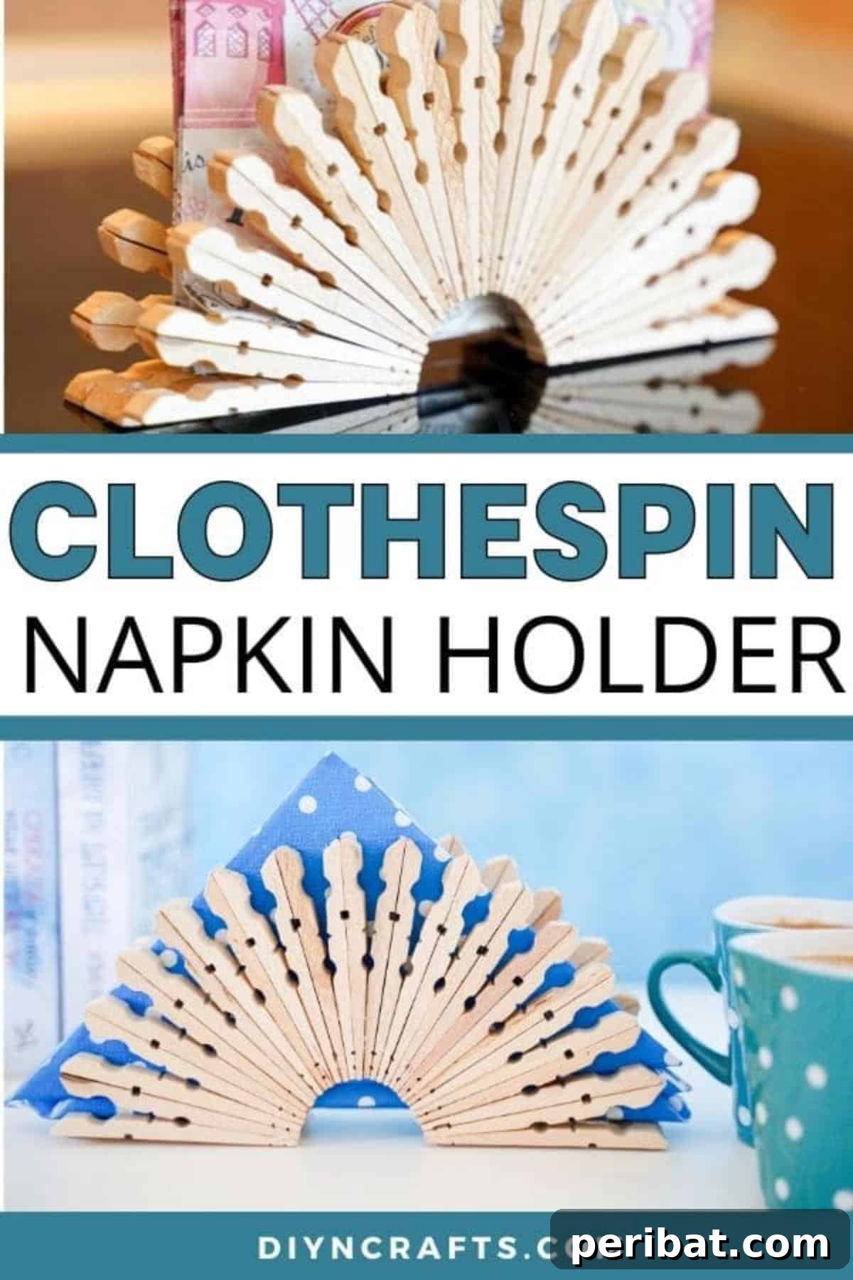 Chic Repurposed Clothespin Napkin Rack 2 A charming DIY clothespin napkin holder sits on a kitchen counter, showcasing a collage of its rustic design and functionality.