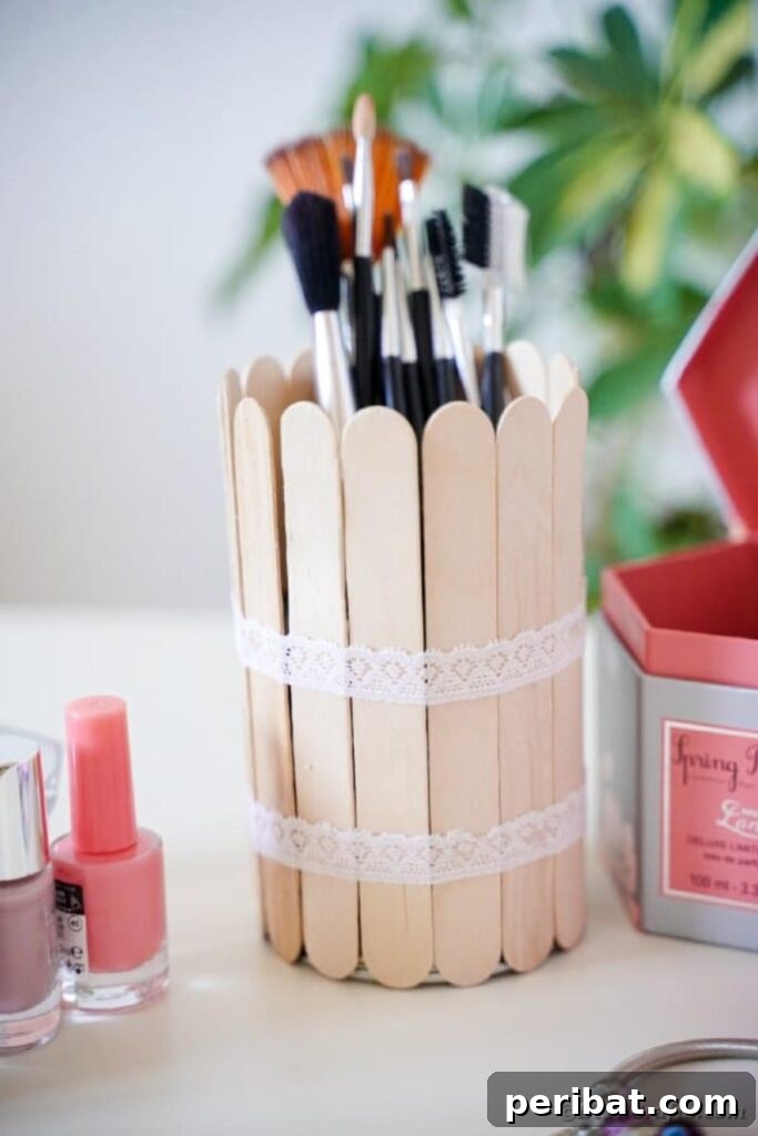 Transform Tin Cans into a Rustic Craft Stick Organizer Video Tutorial 16 Craft stick tin can filled with makeup brushes