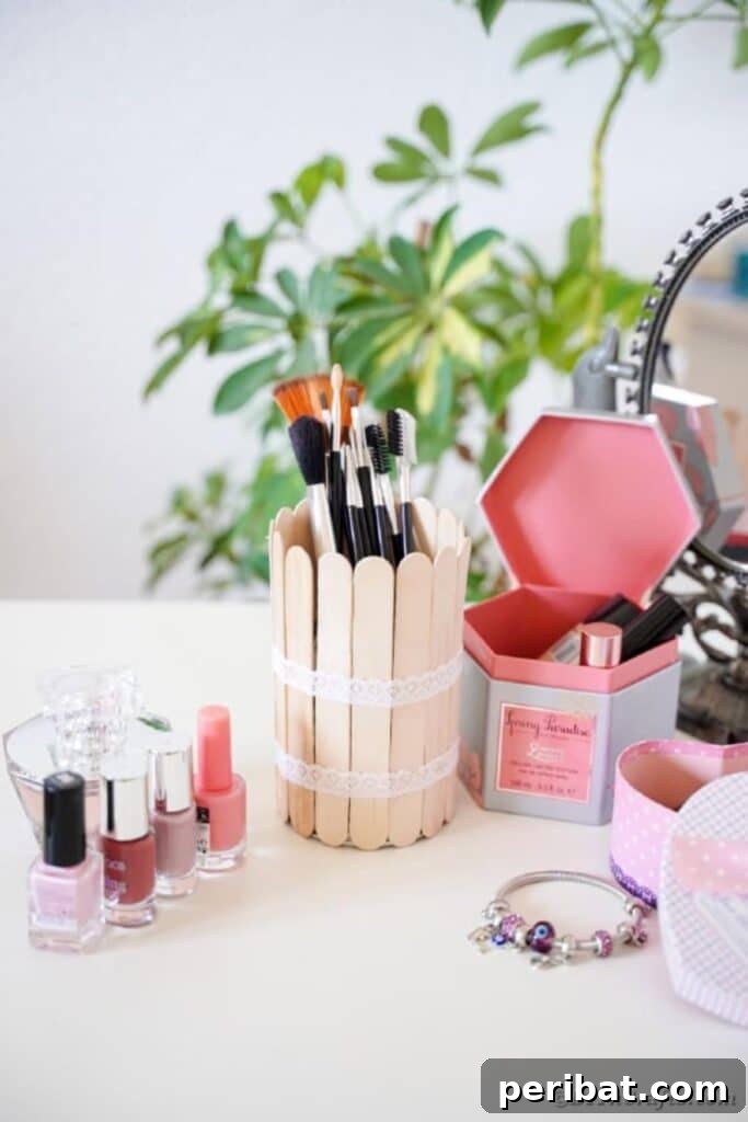 Transform Tin Cans into a Rustic Craft Stick Organizer Video Tutorial 19 Craft stick tin can filled with makeup brushes