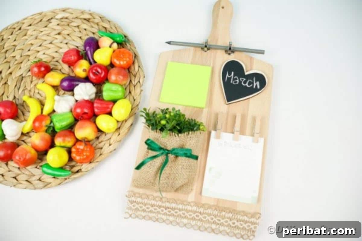 Rustic Reclaimed Cutting Board Command Hub 4 Cutting board memo station next to plastic fruit on woven mat