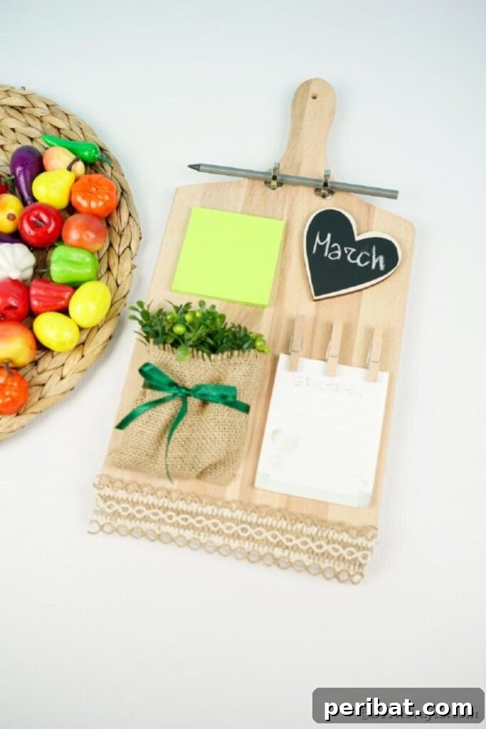 Rustic Reclaimed Cutting Board Command Hub 25 Cutting board memo station next to plastic fruit on woven mat