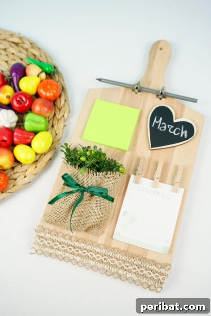 Rustic Reclaimed Cutting Board Command Hub 26 Cutting board memo station next to plastic fruit on woven mat