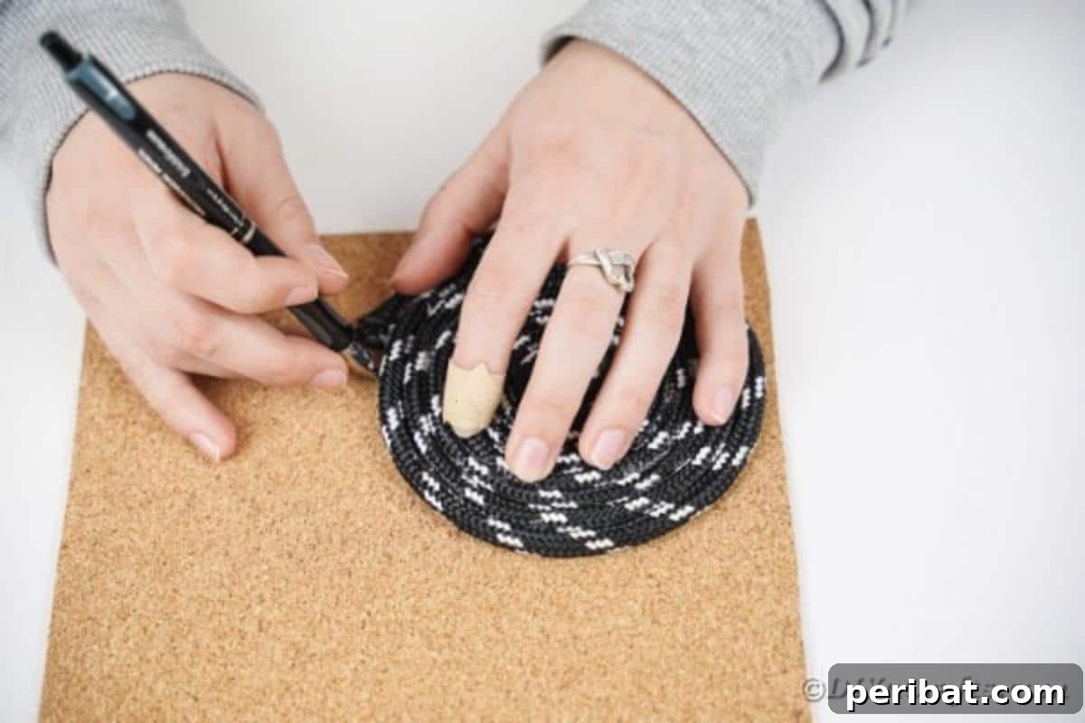 Tracing coaster shape on cork