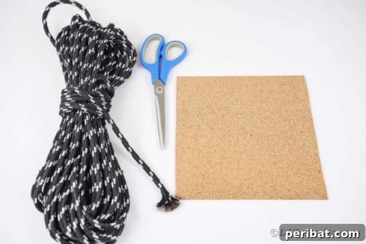 Rope cork and scissors on table