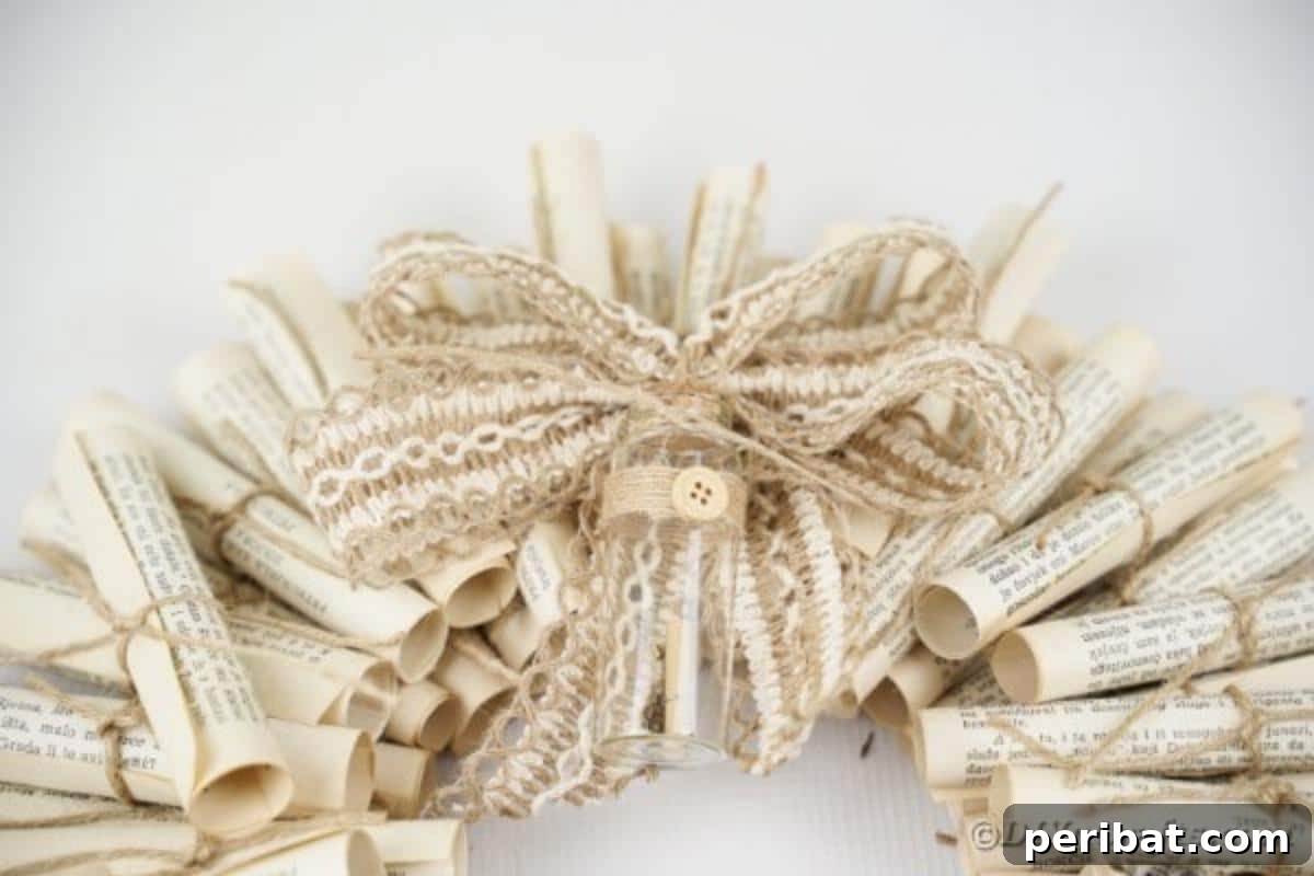 Artful Scroll Wreath from Repurposed Book Pages 24 Old book page with bow hanging on wall