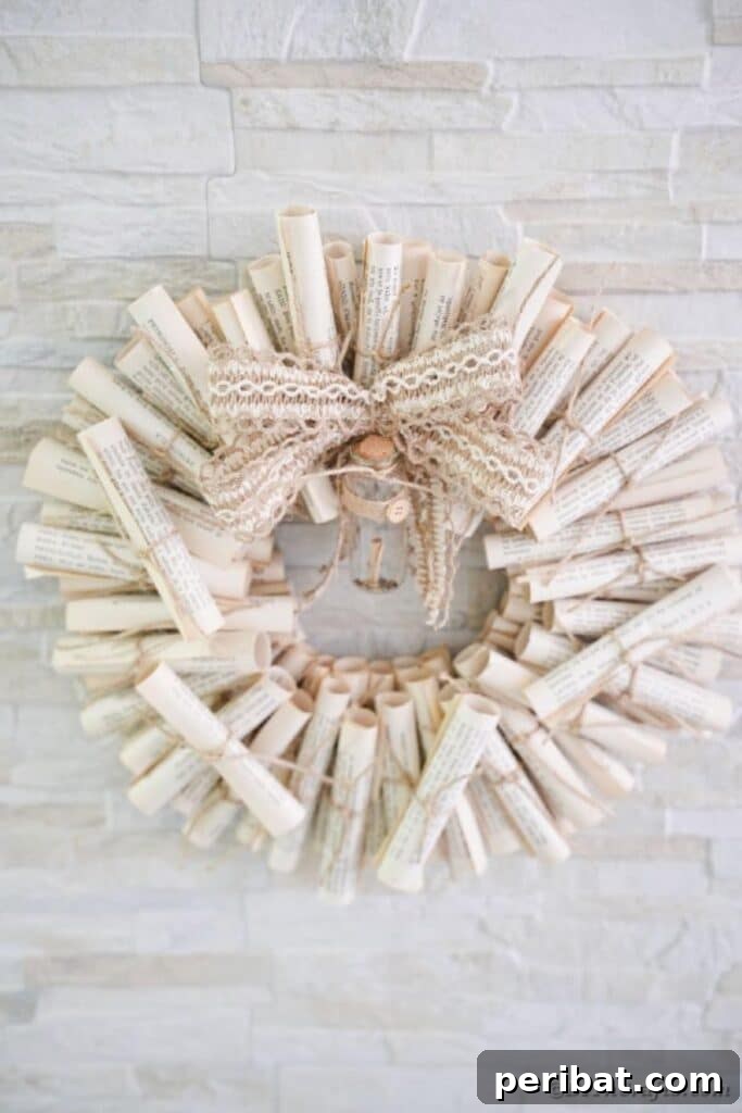 Artful Scroll Wreath from Repurposed Book Pages 27 Scroll wreath on brick wall