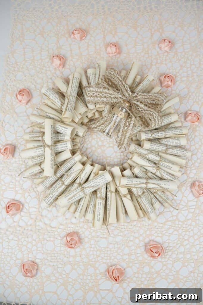 Artful Scroll Wreath from Repurposed Book Pages 30 Book page wreath surrounded by pink papers
