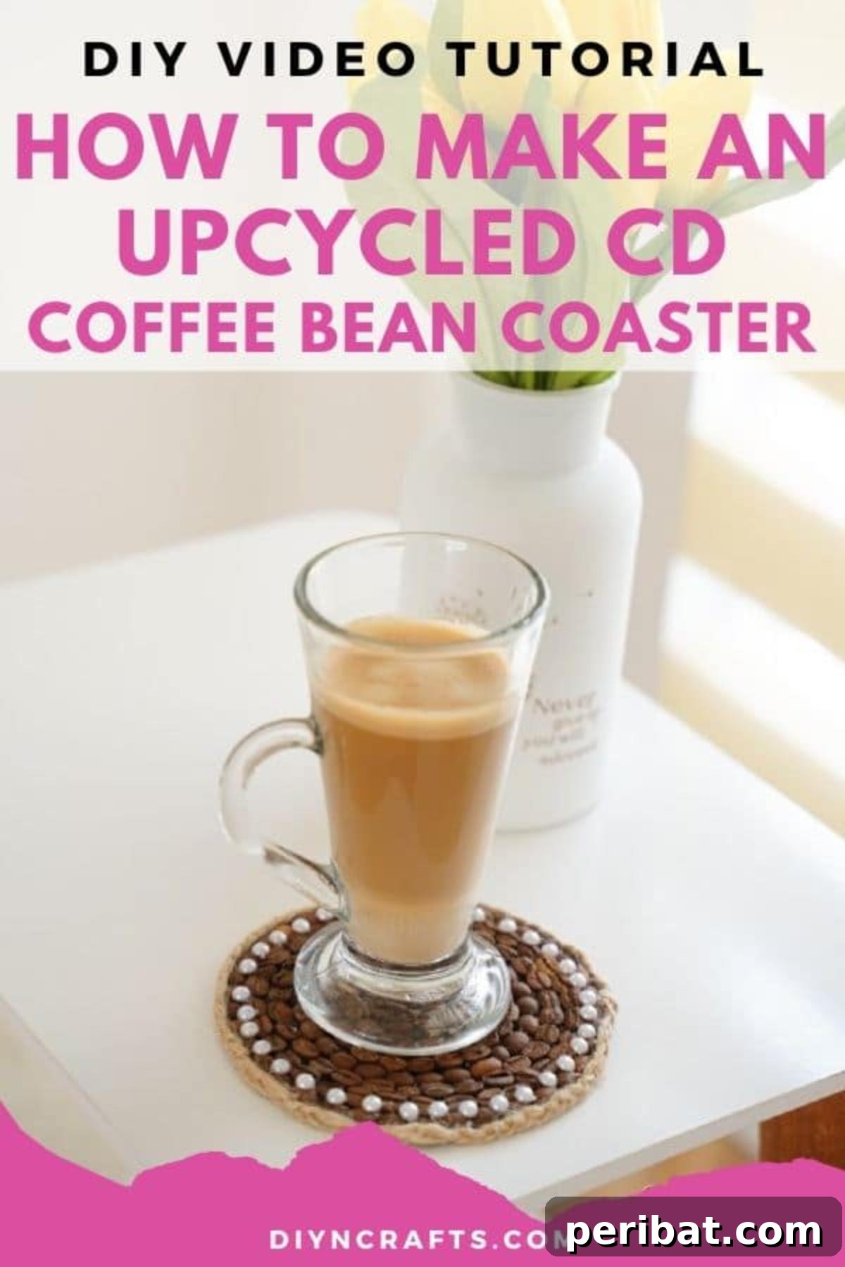 Rustic coffee bean coaster with a steaming glass of coffee on a crisp white table, highlighting natural textures.