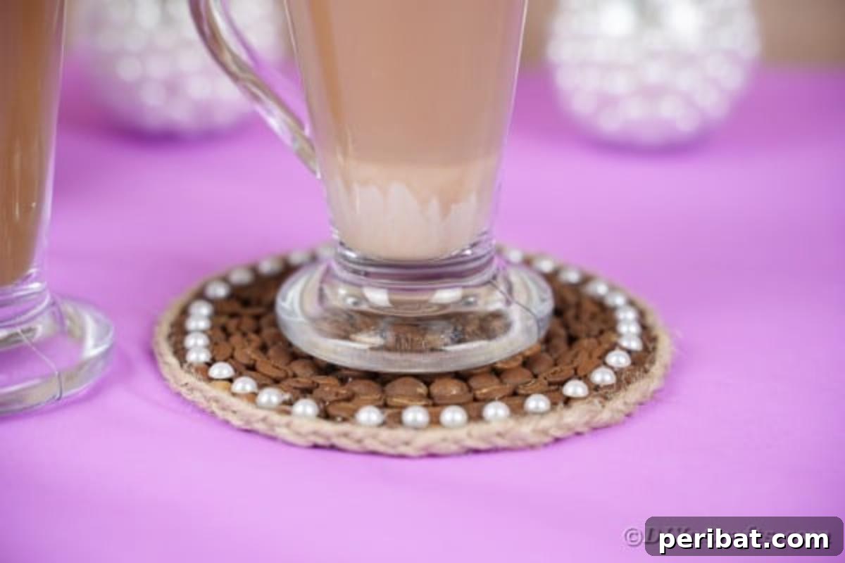 Handcrafted coffee coaster resting on a stylish purple table, showcasing its rustic texture.