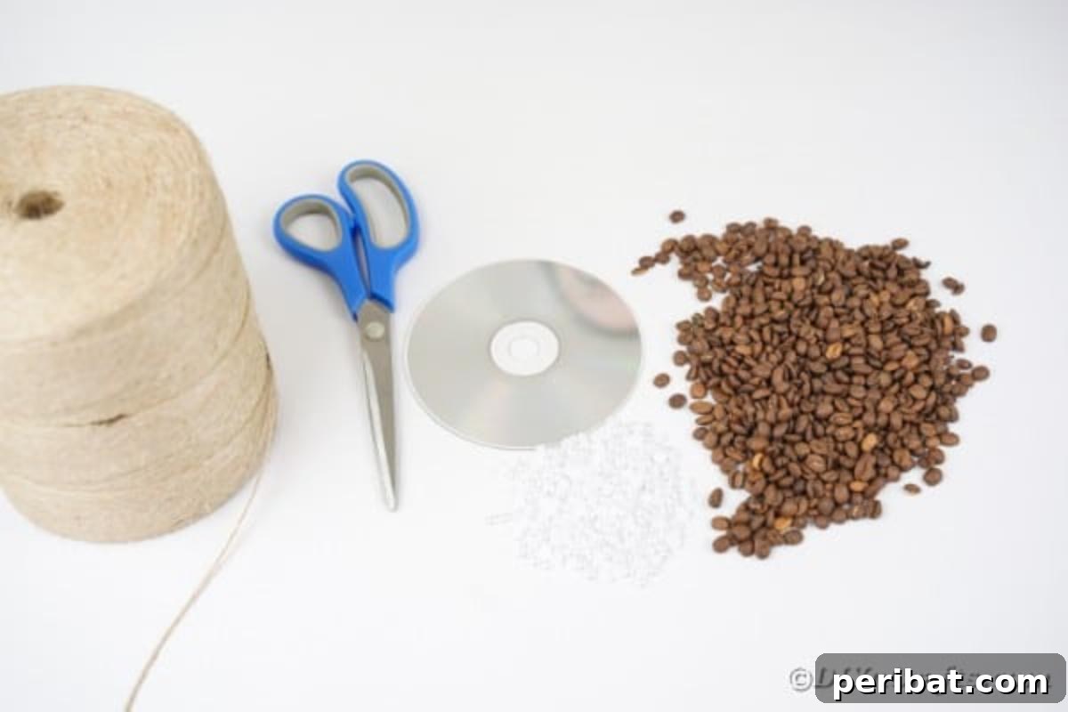 Collection of supplies for crafting coffee bean coasters, neatly arranged on a white surface.