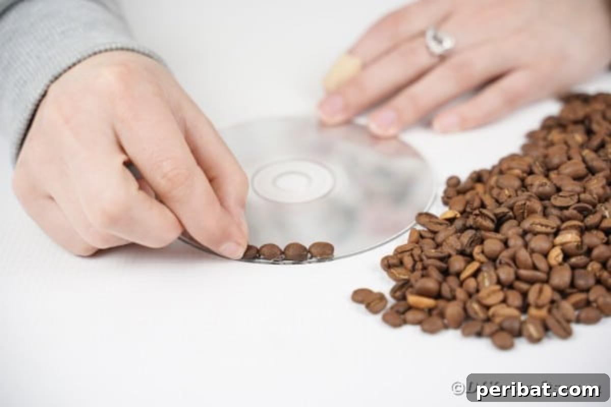 First step: Gluing coffee beans around the outer edge of an old CD to begin the coaster base.