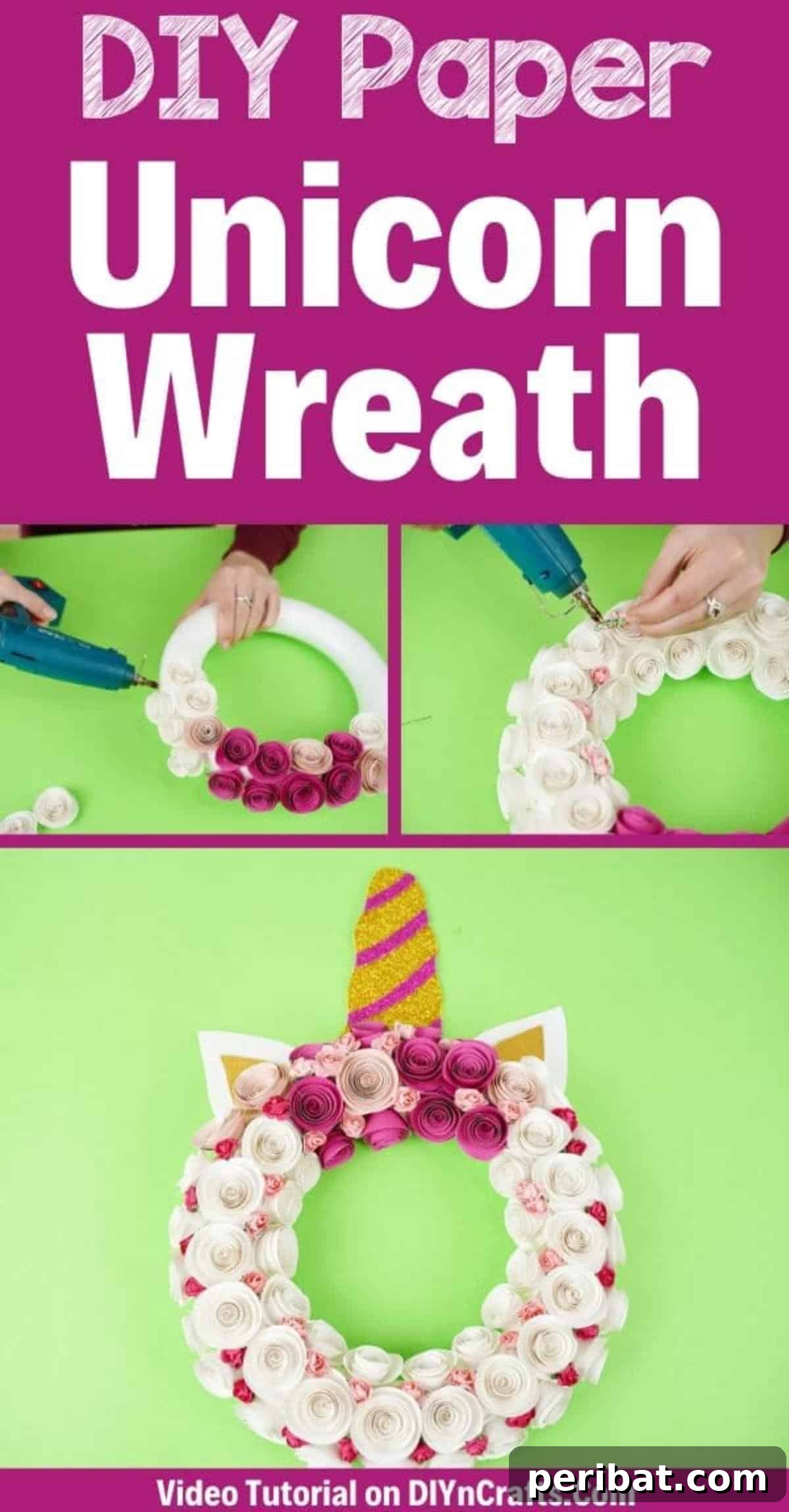 Enchanting Quilled Unicorn Wreath 2 A vibrant collage showcasing the various stages and final look of a beautiful paper unicorn wreath, featuring intricate paper flowers and a golden horn.