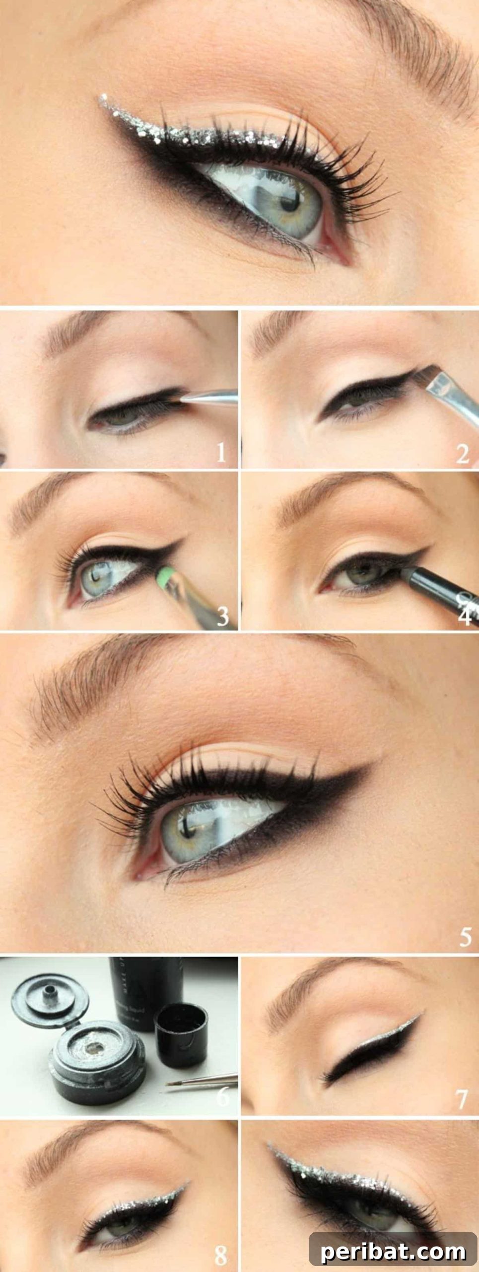 Glamorous Holiday Makeup Looks 4 Glitter Cat-Eye makeup featuring a subtle glitter stripe above eyeliner