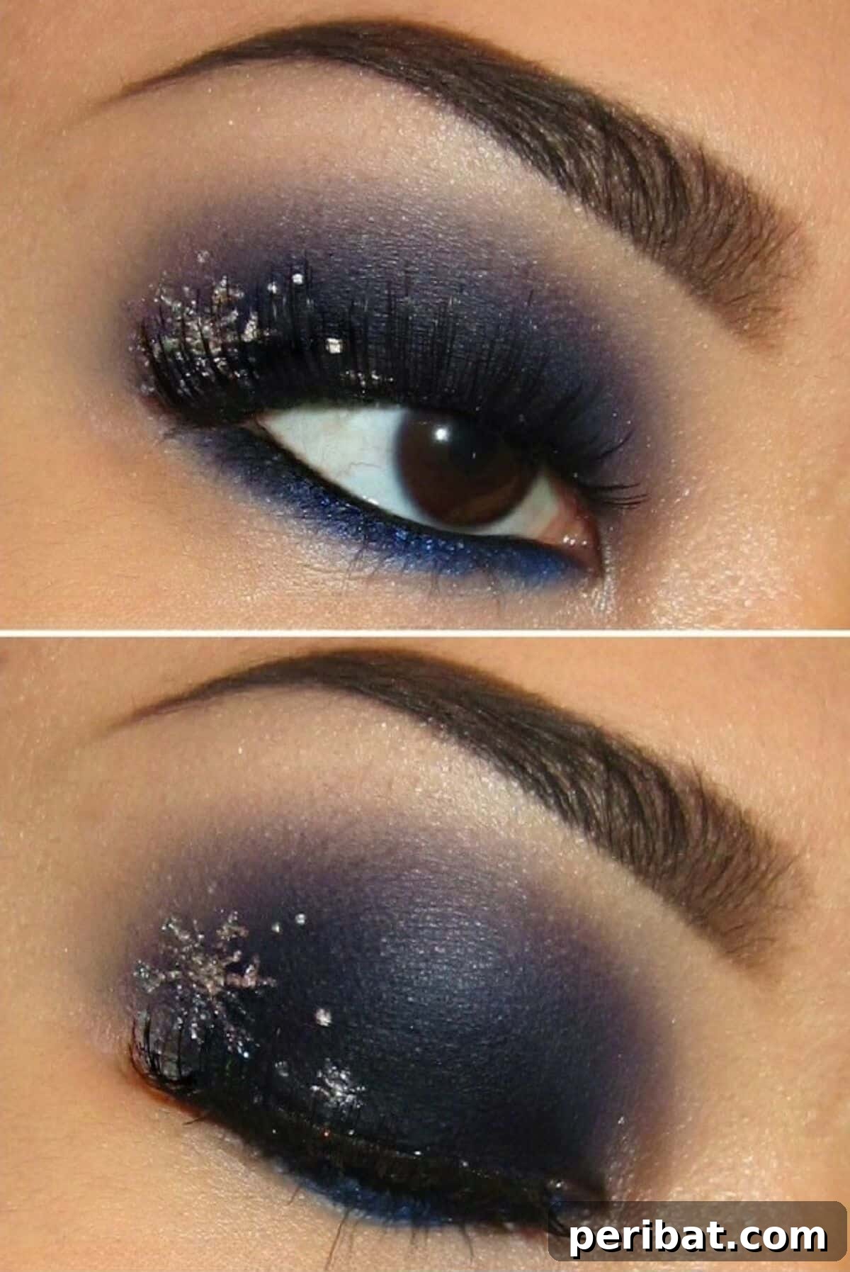 Glamorous Holiday Makeup Looks 6 Snowflake Eyes makeup featuring delicate silver snowflakes on a smoky eye