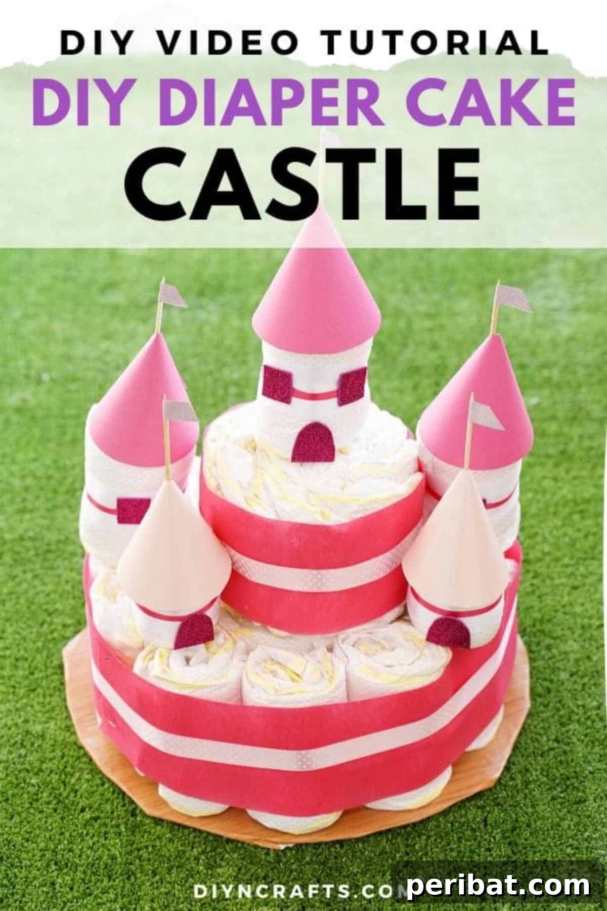 Kraliyet Bez Şato: Bebek Duşu İçin Özel El Yapımı Hediye 2 Adorable pink diaper castle on green grass, ready for a baby shower