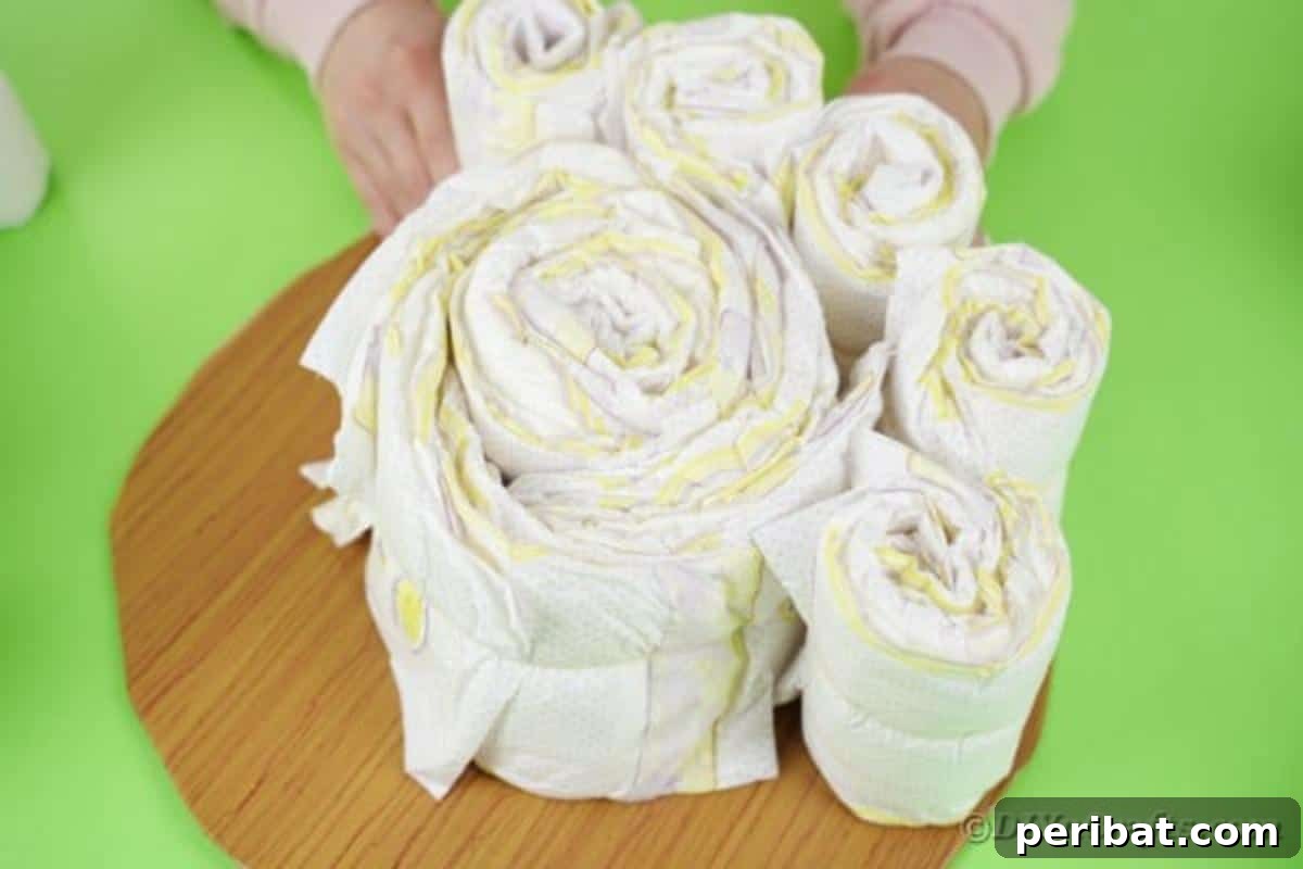 Kraliyet Bez Şato: Bebek Duşu İçin Özel El Yapımı Hediye 10 Arranging rolled diapers around a central bundle to form a cake base