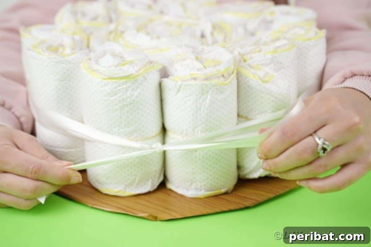 Kraliyet Bez Şato: Bebek Duşu İçin Özel El Yapımı Hediye 11 Tying diapers together with a decorative ribbon to secure the base