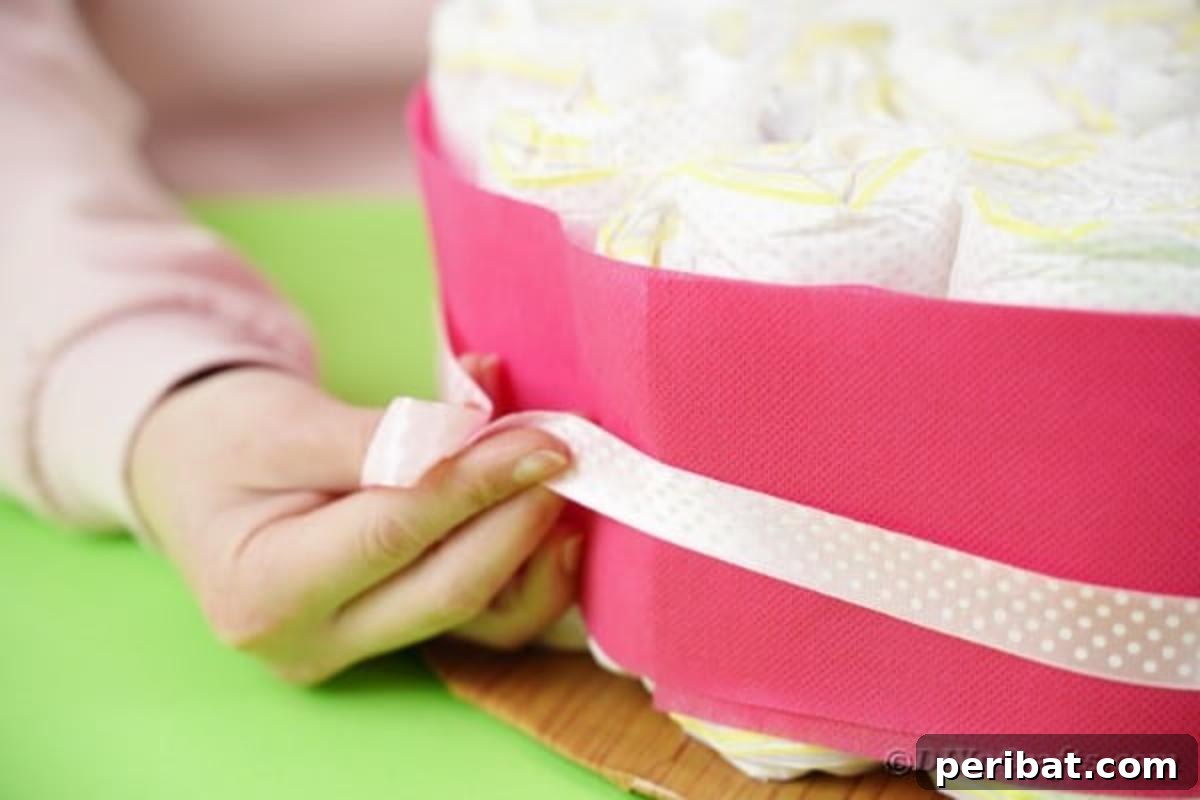 Kraliyet Bez Şato: Bebek Duşu İçin Özel El Yapımı Hediye 14 Gluing a contrasting ribbon over the paper strip on the diaper roll