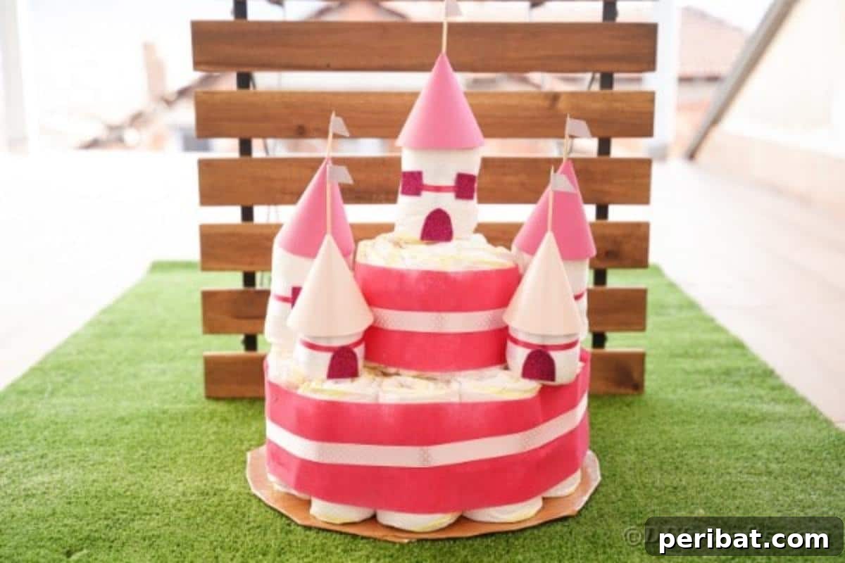 Kraliyet Bez Şato: Bebek Duşu İçin Özel El Yapımı Hediye 3 Diaper castle cake in front of rustic wooden slats, showcasing intricate details