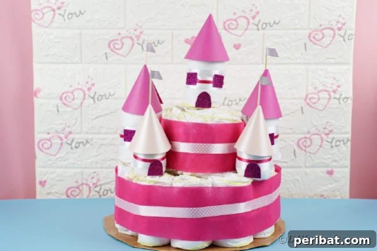Kraliyet Bez Şato: Bebek Duşu İçin Özel El Yapımı Hediye 4 Diaper cake castle displayed on a vibrant blue surface, highlighting its elegant design