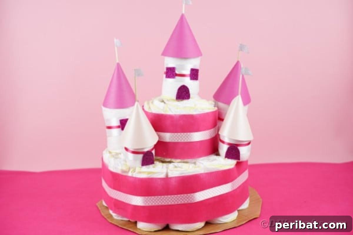 Kraliyet Bez Şato: Bebek Duşu İçin Özel El Yapımı Hediye 6 Diaper castle in front of a soft pink wall, adorned with glitter and ribbons