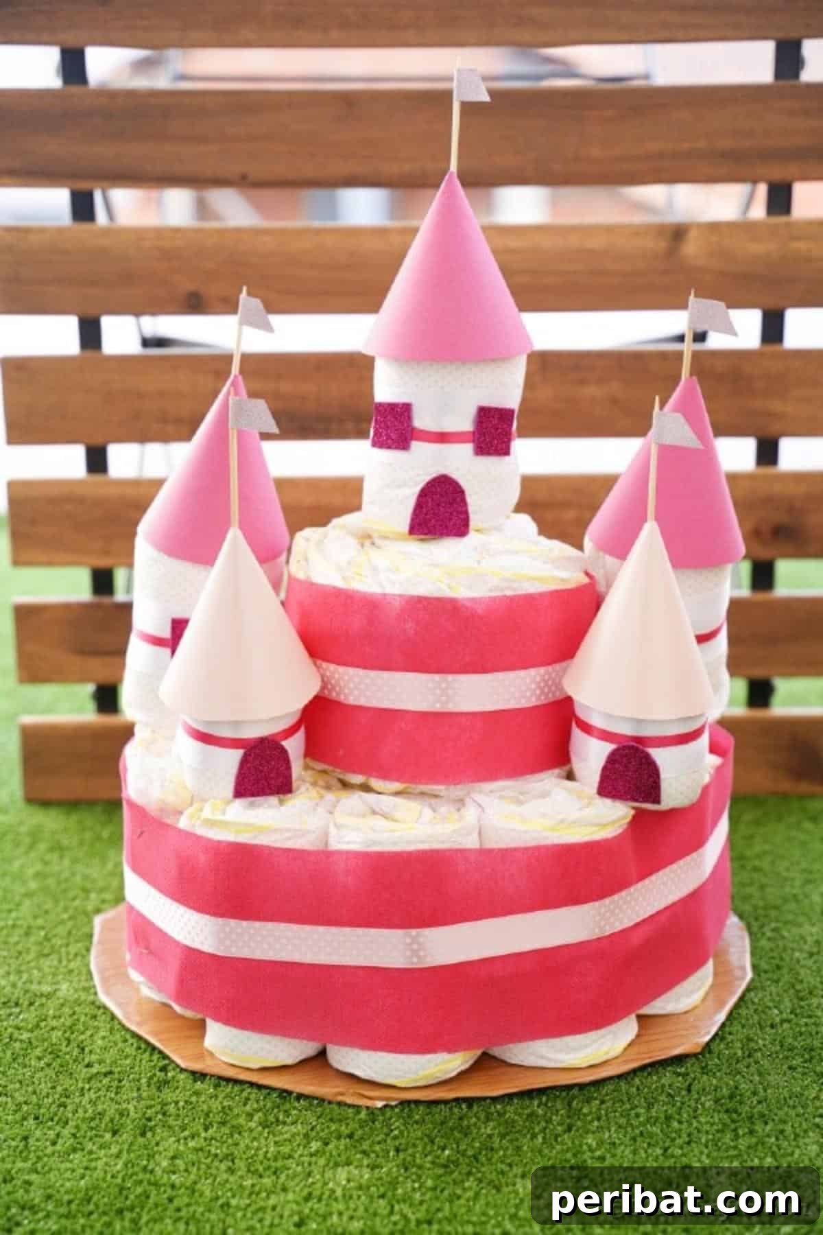 Kraliyet Bez Şato: Bebek Duşu İçin Özel El Yapımı Hediye 28 Close-up of a diaper castle cake against a wooden background, highlighting the ribbons
