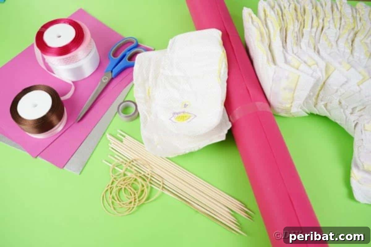 Kraliyet Bez Şato: Bebek Duşu İçin Özel El Yapımı Hediye 8 Assorted craft supplies laid out, including diapers, ribbons, and papers, for a diaper castle project