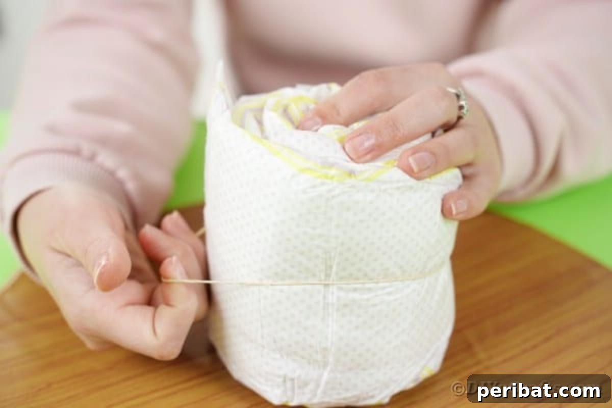 Kraliyet Bez Şato: Bebek Duşu İçin Özel El Yapımı Hediye 9 Rolling a single diaper tightly into a cylinder