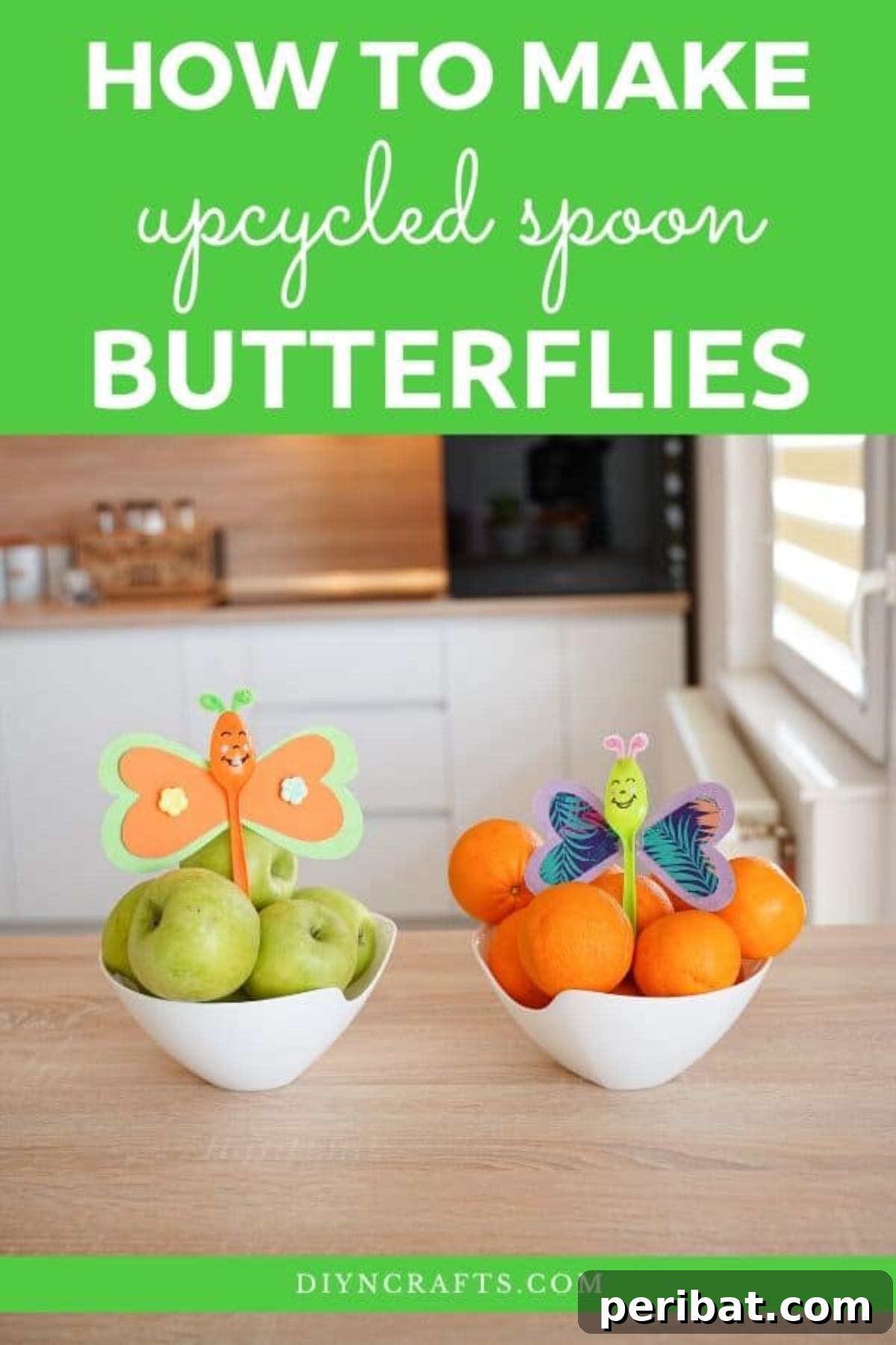 Vibrant upcycled spoon butterflies nestled among fresh fruit, showcasing their potential as charming decorative accents for any home.