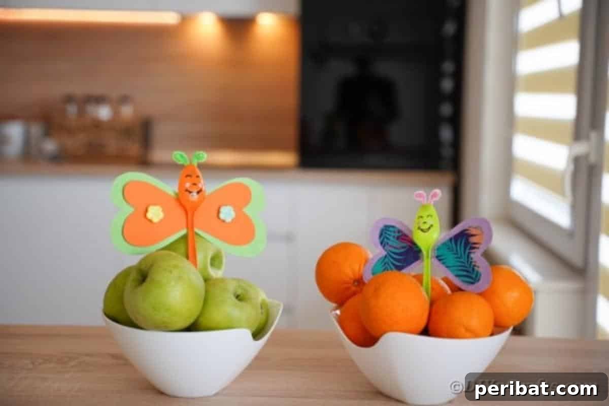 A charming collection of plastic spoon butterflies arranged in colorful fruit bowls, demonstrating versatile and playful home decor ideas.