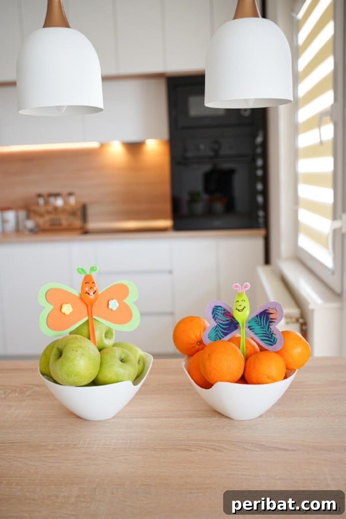 A delightful arrangement of colorful upcycled spoon butterflies nestled in various bowls of fresh fruit, showcasing their versatility as charming decor.