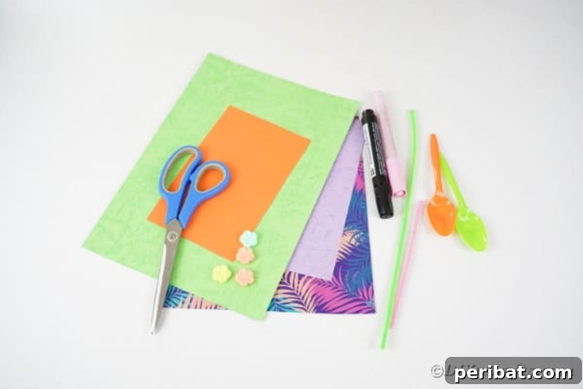 A neatly arranged collection of crafting supplies for making spoon butterflies, including paper, spoons, pipe cleaners, and embellishments.