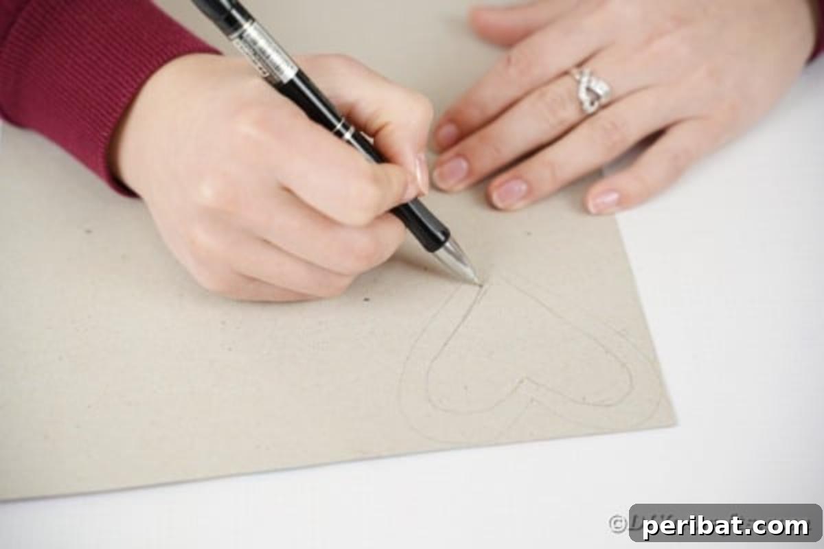 A hand tracing a smaller butterfly wing shape onto the back of patterned scrapbook paper, preparing for the decorative inner wing layer.
