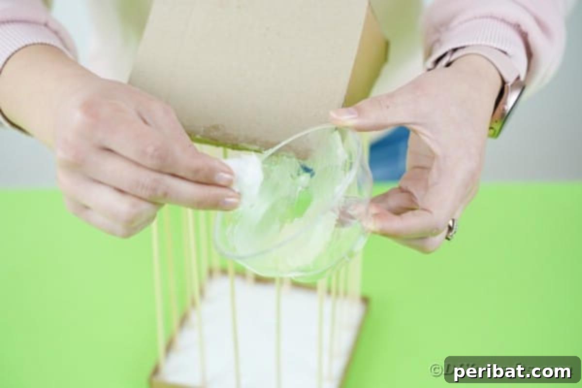 Crafting a Beautiful Floral Birdcage Display 16 Adding Petroleum Jelly to Edges of Cardboard Roof - Applying petroleum jelly to create a distressed look.