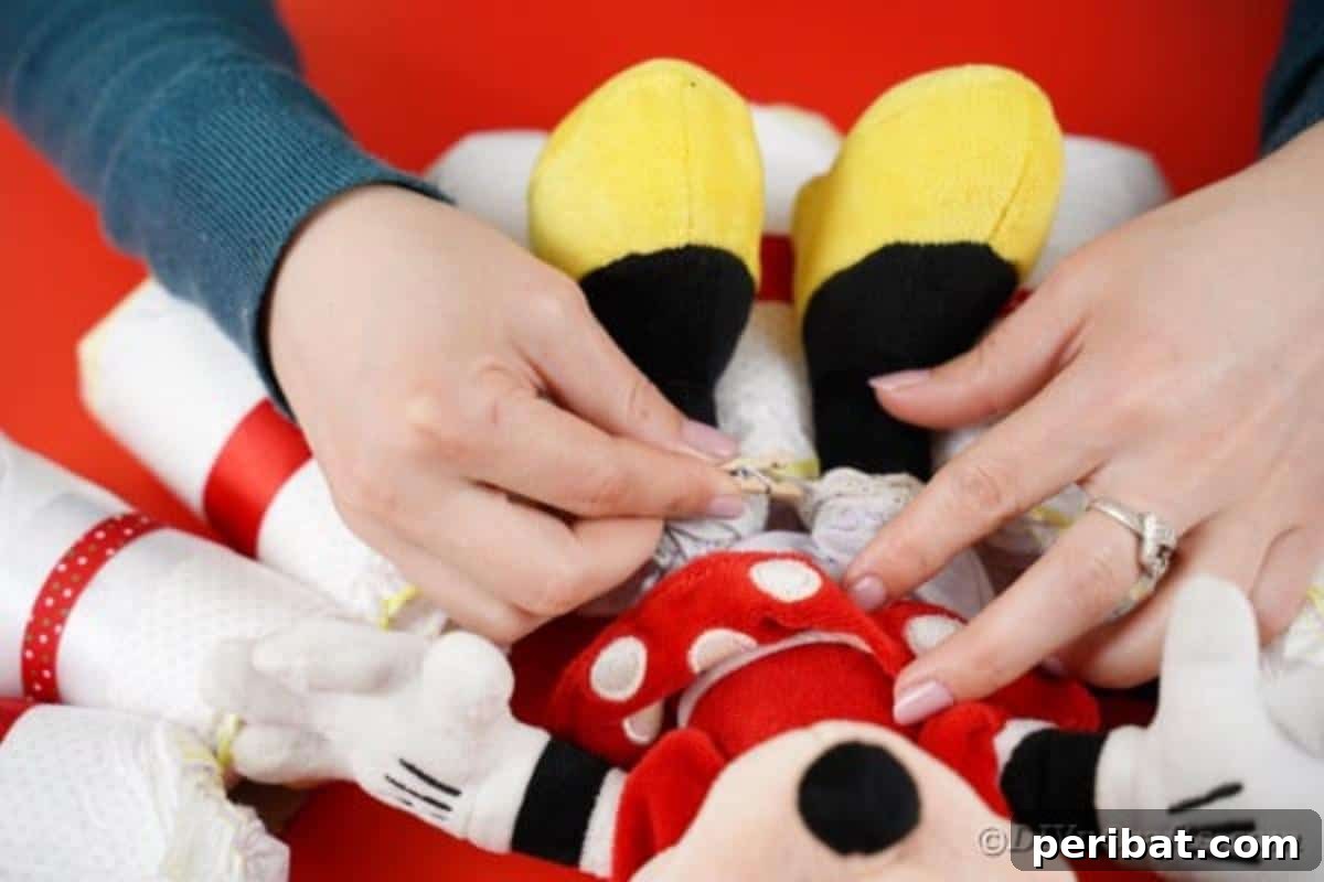 Minnie Mouse stuffed character being tied onto the bottom of the diaper wreath