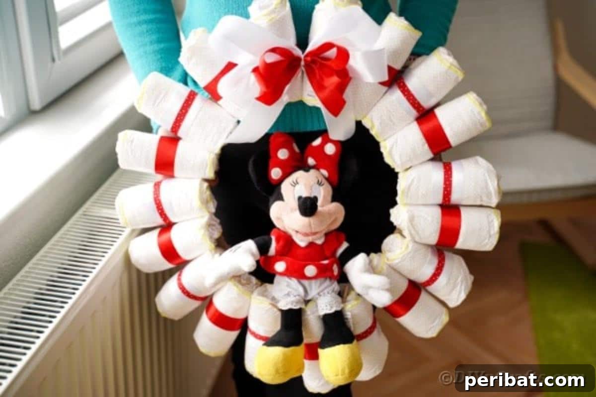 Woman proudly holding the completed Minnie Mouse diaper wreath, ready for gifting