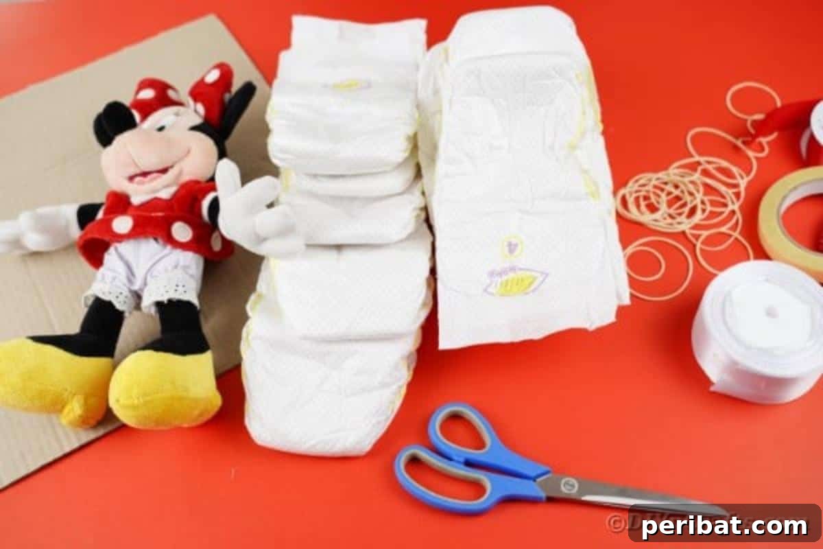 An array of supplies laid out for creating the Minnie Mouse diaper wreath