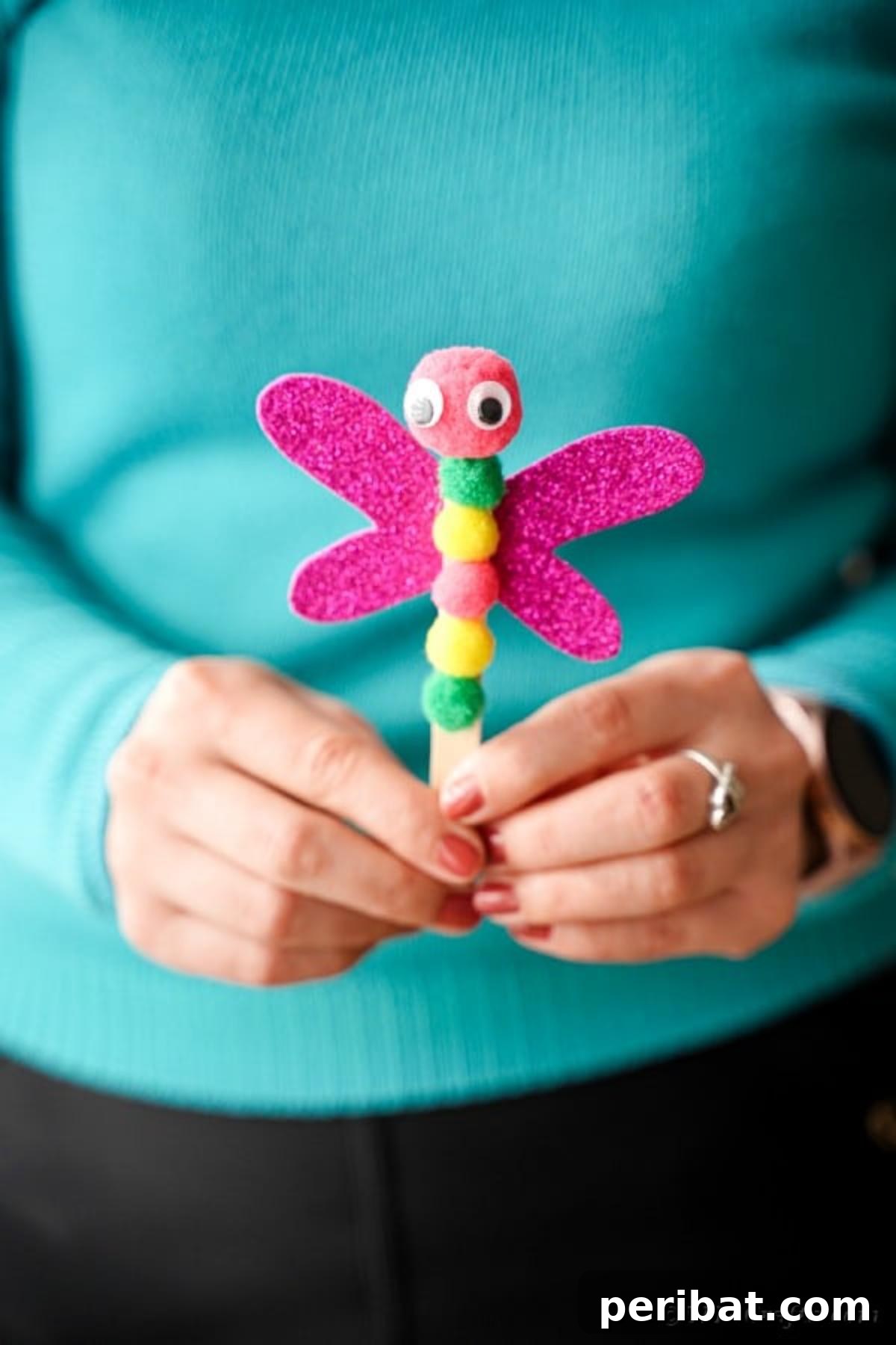 Create Vibrant Craft Stick Dragonflies for Kids 12 A hand gently holding a newly crafted stick dragonfly, showcasing its finished design and readiness for display or play.