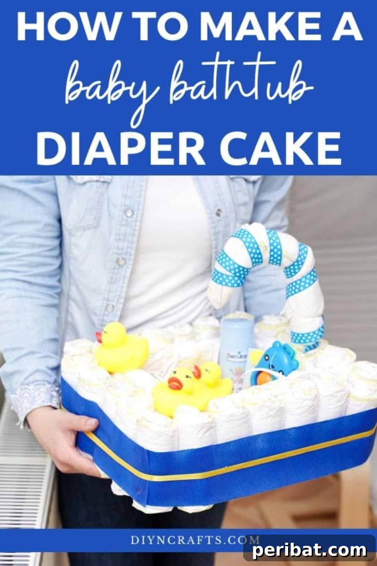 Charming Handmade Diaper Tub Shower Present 2 Woman proudly holding a beautifully crafted diaper baby bathtub gift