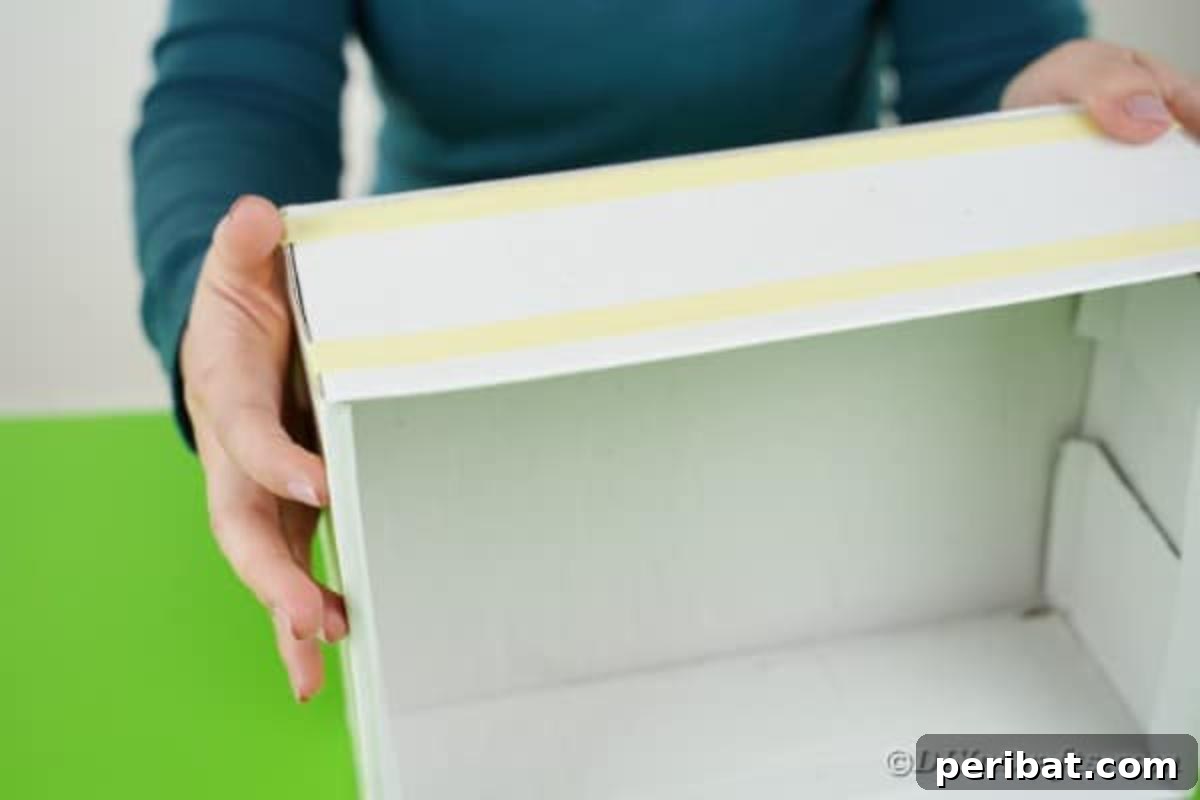 Charming Handmade Diaper Tub Shower Present 11 Applying strips of double-sided tape to the exterior of a cardboard box