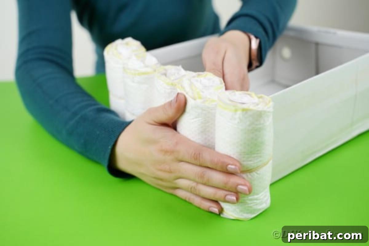 Charming Handmade Diaper Tub Shower Present 12 Rolled diapers being carefully attached vertically to the taped sides of a box