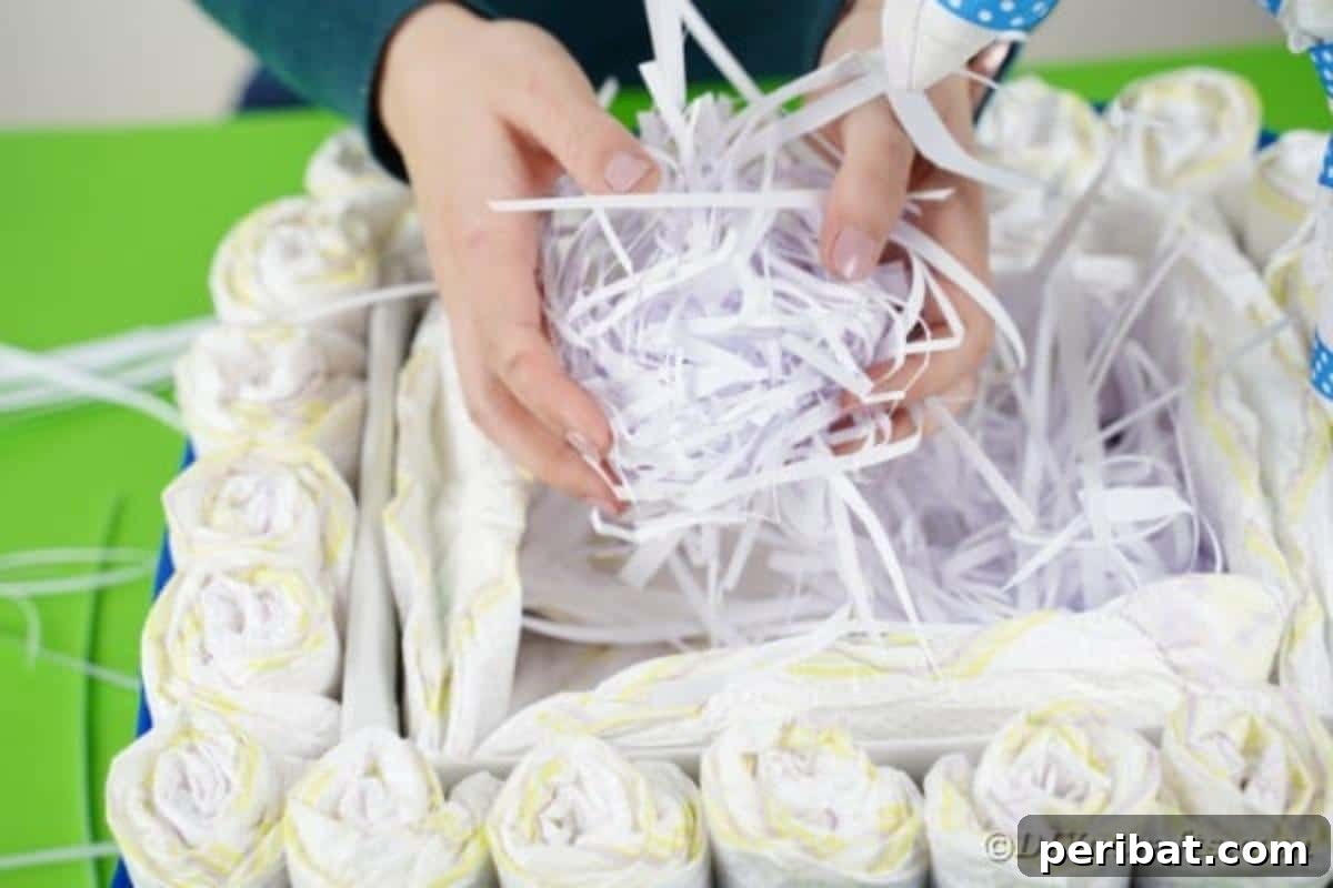 Charming Handmade Diaper Tub Shower Present 21 Adding crinkle-cut paper filler to the inside of the diaper bathtub