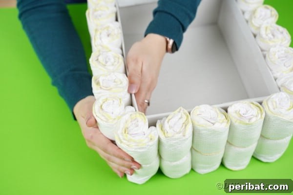 Charming Handmade Diaper Tub Shower Present 27 Stick rolled diapers to a box