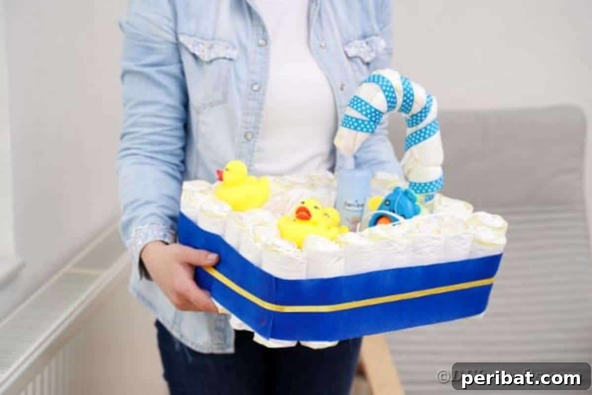 Charming Handmade Diaper Tub Shower Present 4 Woman holding a creatively designed diaper baby bathtub