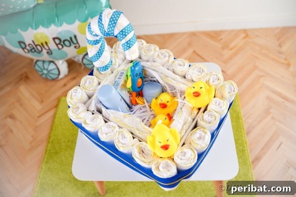 Diaper cake on an end table