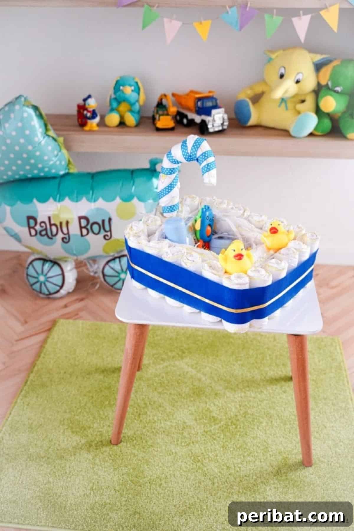 Charming Handmade Diaper Tub Shower Present 40 A beautifully decorated diaper cake styled as a bathtub, resting on an elegant end table
