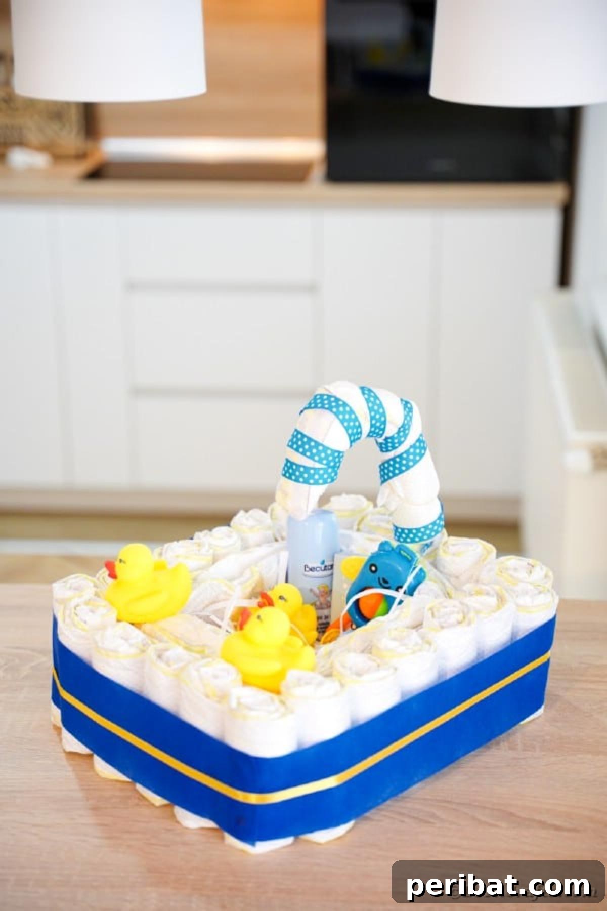Charming Handmade Diaper Tub Shower Present 41 Another view of the diaper cake bathtub, highlighting its detailed craftsmanship on an end table